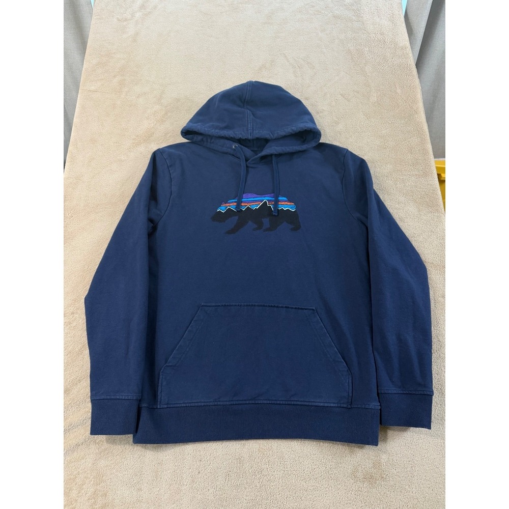 Patagonia Uprisal Hoody Mens Size Medium Navy Blue Fitz Roy Bear Logo EUC